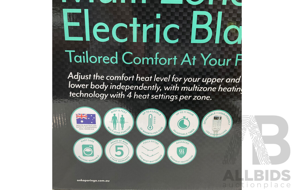 ONKAPARINGA (48391) Fitted Queen Multizone Electric Blanket - TOMMY BAHAMA Down Alternative Pillows X3 - ONKAPARINGA Memory Foam Pillow - Lot of 5 - Estimated ORP $200