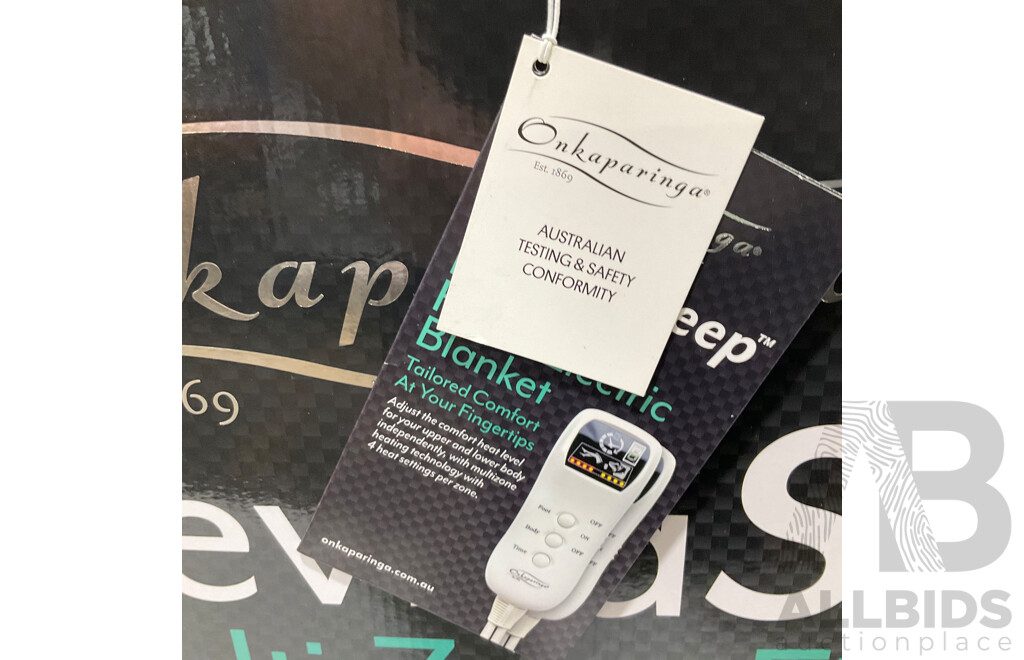 ONKAPARINGA (48391) Fitted Queen Multizone Electric Blanket - TOMMY BAHAMA Down Alternative Pillows X3 - ONKAPARINGA Memory Foam Pillow - Lot of 5 - Estimated ORP $200