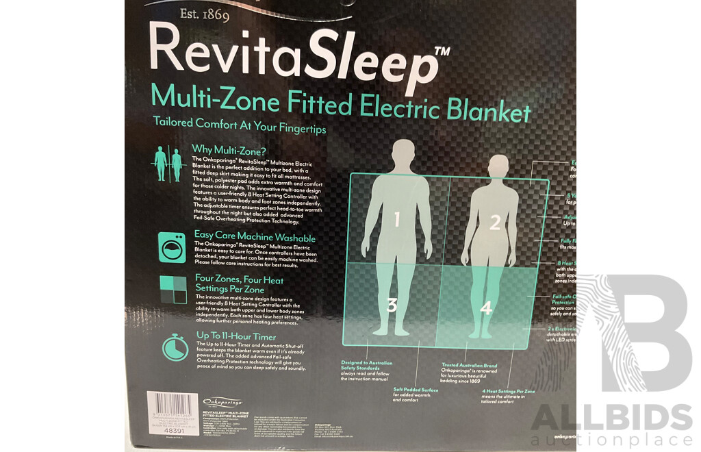 ONKAPARINGA (48391) Fitted Queen Multizone Electric Blanket - TOMMY BAHAMA Down Alternative Pillows X3 - ONKAPARINGA Memory Foam Pillow - Lot of 5 - Estimated ORP $200