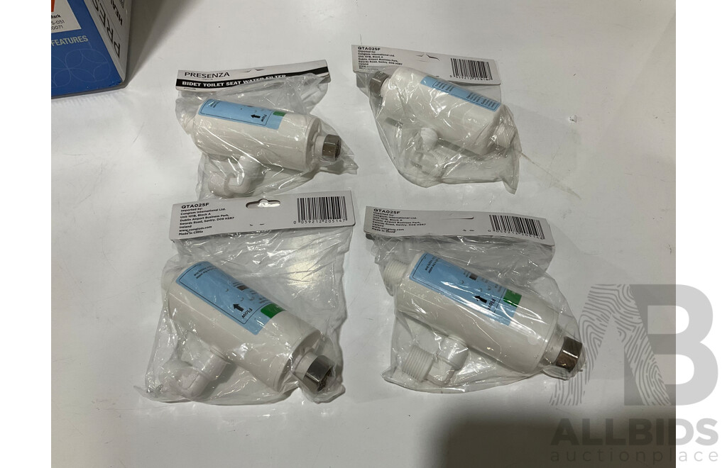 PRESENZA (98038) Heavy Duty Smart Bidet Seat White - Precenza (QTA025F) Bidet Water Filter (X4) - Lot of 5 - ORP $489.99