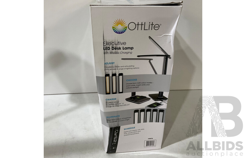 OTTLITE LED Woodgrain Desk Lamp,  OTTLITE Executive Desk Lamp With Wireless Charging Base, MORPHY RICHARDS (MRPB20PK) Portable Blender - LOT of 3 - ORP $157.97