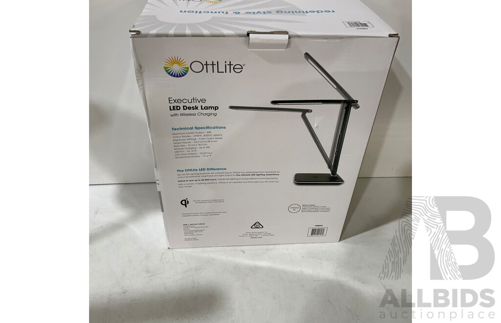 OTTLITE LED Woodgrain Desk Lamp,  OTTLITE Executive Desk Lamp With Wireless Charging Base, MORPHY RICHARDS (MRPB20PK) Portable Blender - LOT of 3 - ORP $157.97