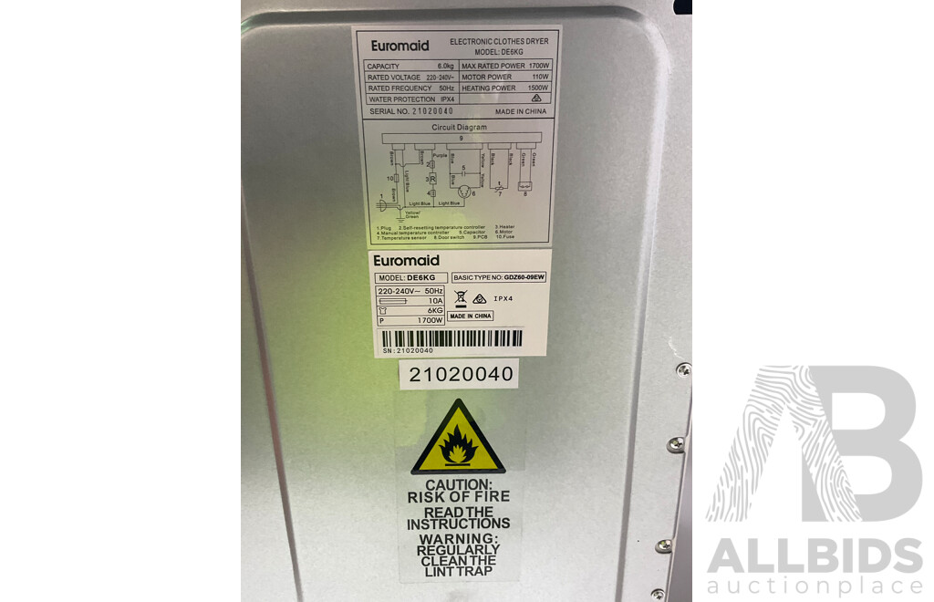 EUROMAID (DE6kg) Vented Dryer White - Total - ORP $506.00
