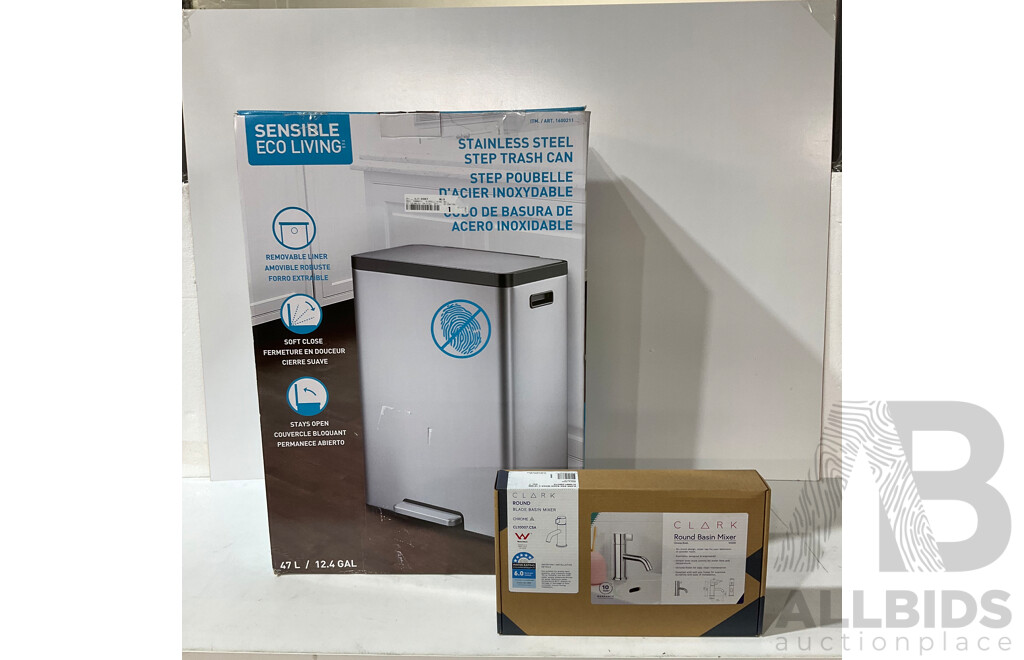 SENSIBLE ECO LIVING Step Bin 47L (1600211), CLARK (CL10007.C5A) Round Basin Mixer - LOT of 2 - TOTAL ORP $302.94