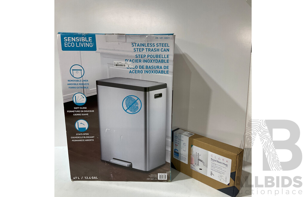 SENSIBLE ECO LIVING Step Bin 47L (1600211), CLARK (CL10007.C5A) Round Basin Mixer - LOT of 2 - TOTAL ORP $302.94