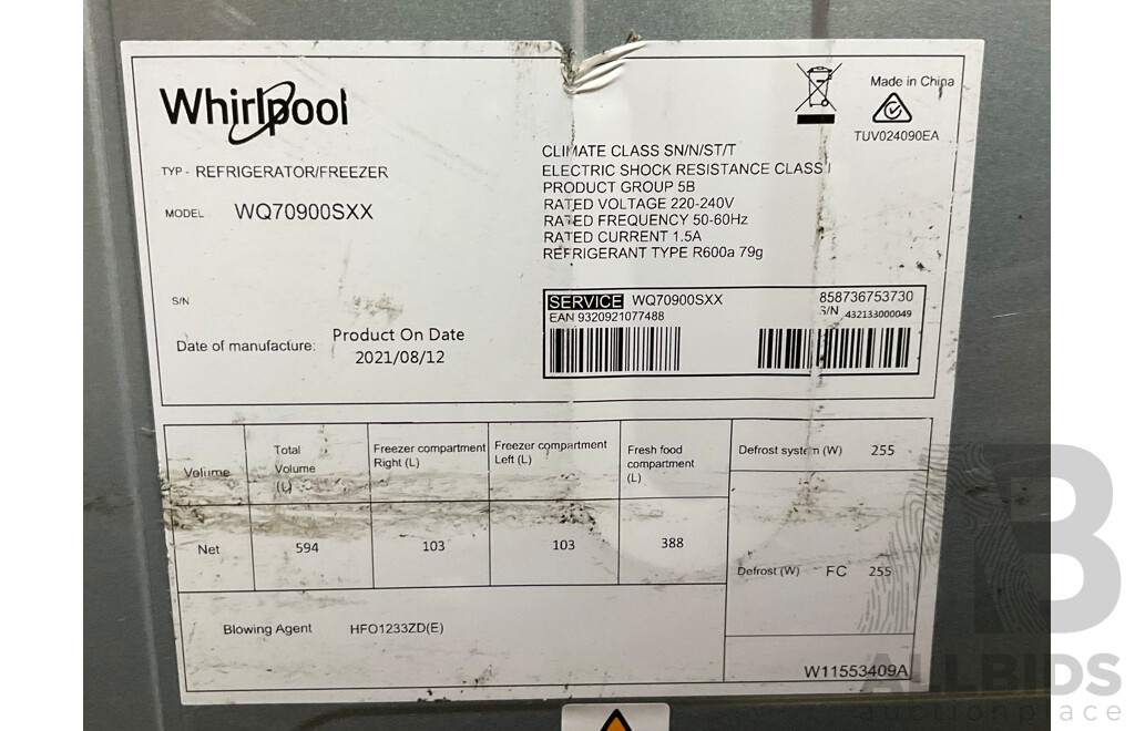 Whirlpool (WQ70900SXX) 595L 4 Door Refrigerator - ORP $1899.99