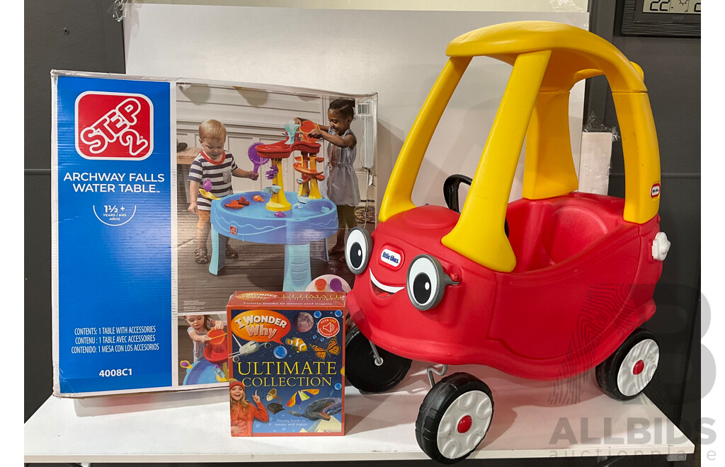 STEP 2 Archway Falls Water Table - KINGFISHER I Wonder Why Ultimate Collection - LITTLE TYKES Cozy Coupe - Lot of 3 - Estimated Total ORP $250.00