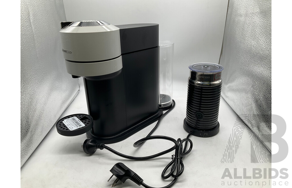 BREVILLE (BNV520GRY) Nespresso Vertuo Next Coffee Machine Grey & NESPRESSO (3594) Aeroccino3 Black Milk Frother - Lot of 2 - Total ORP $328.00