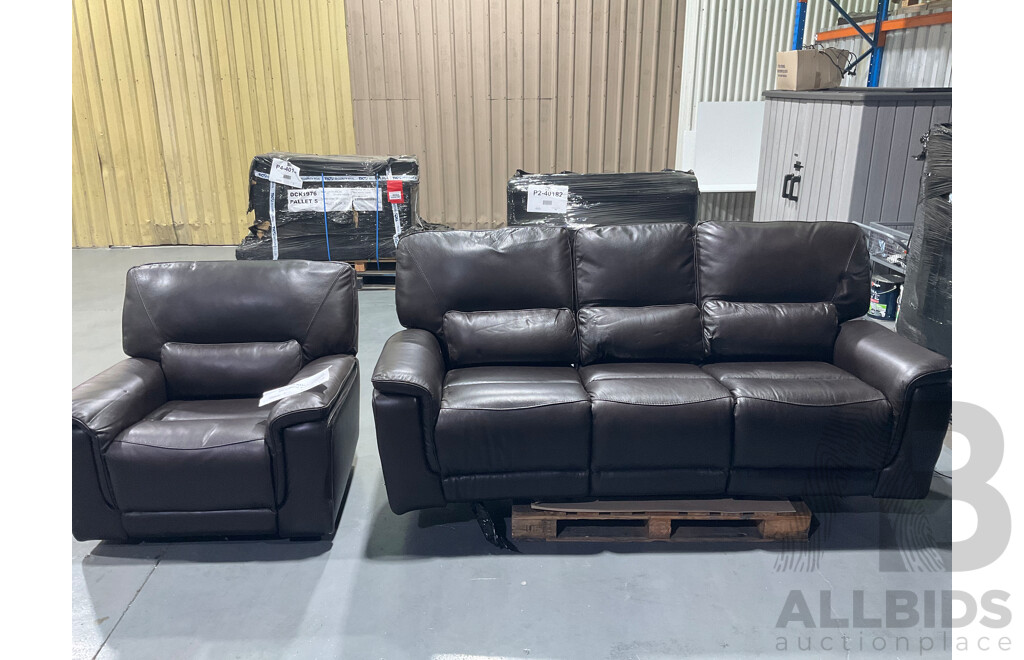 GILMAN CREEK Furniture Leather Power Recliner 3 Seater Lounge, GILMAN CREEK Furniture Leather Power Recliner Single Lounge - LOT of 2  - ORP $3349.98