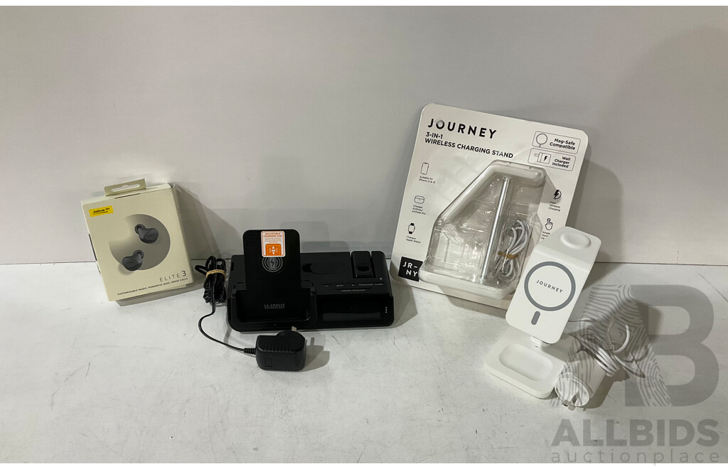 JABRA (OTE150150R) Elite 3 Ear Buds - JOURNEY (JMS31SWH) 3-in-1 Wireless Charging Station (White) X 2 - LA CROSSE (C75662-AU) Technology Alarm Clock With Wireless Charging - Lot of 4 - Estimated Total ORP $300.00