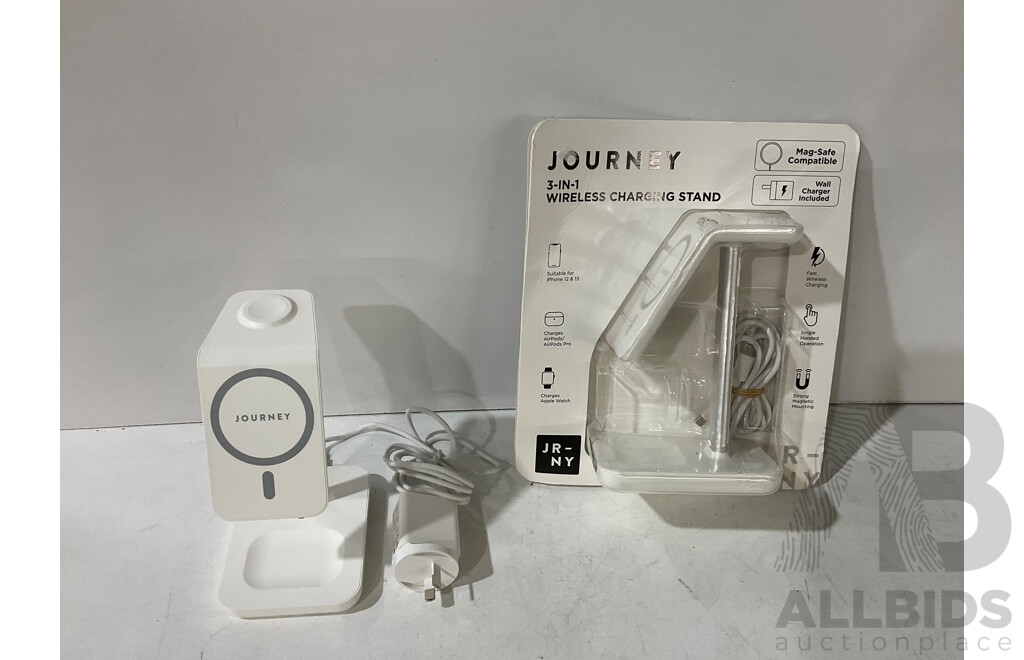 JABRA (OTE150150R) Elite 3 Ear Buds - JOURNEY (JMS31SWH) 3-in-1 Wireless Charging Station (White) X 2 - LA CROSSE (C75662-AU) Technology Alarm Clock With Wireless Charging - Lot of 4 - Estimated Total ORP $300.00