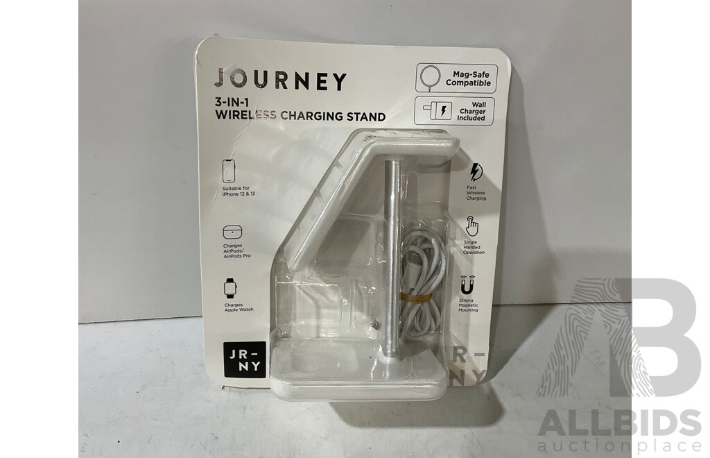 JABRA (OTE150150R) Elite 3 Ear Buds - JOURNEY (JMS31SWH) 3-in-1 Wireless Charging Station (White) X 2 - LA CROSSE (C75662-AU) Technology Alarm Clock With Wireless Charging - Lot of 4 - Estimated Total ORP $300.00