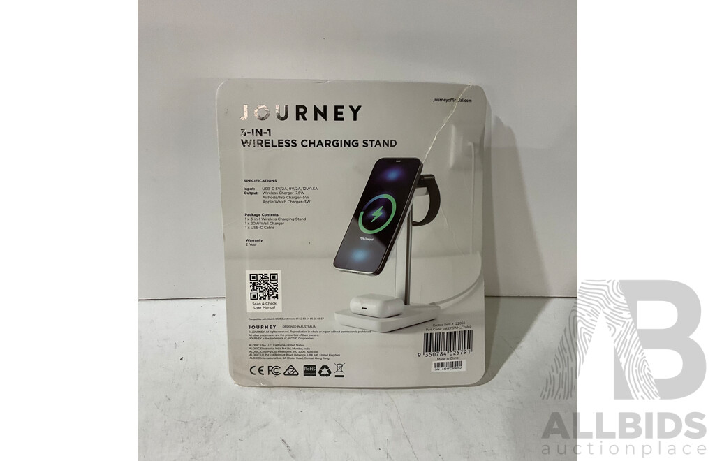 JABRA (OTE150150R) Elite 3 Ear Buds - JOURNEY (JMS31SWH) 3-in-1 Wireless Charging Station (White) X 2 - LA CROSSE (C75662-AU) Technology Alarm Clock With Wireless Charging - Lot of 4 - Estimated Total ORP $300.00