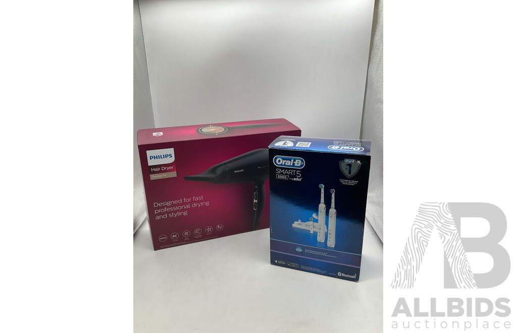 ORAL B (Oral-B SMART 5 5000 Smart 5000) Dual Handle Electric Toothbrush, PHILIPS (HPS920/00) Pro Hair Dryer - LOT of 2 - TOTAL ORP $224.97