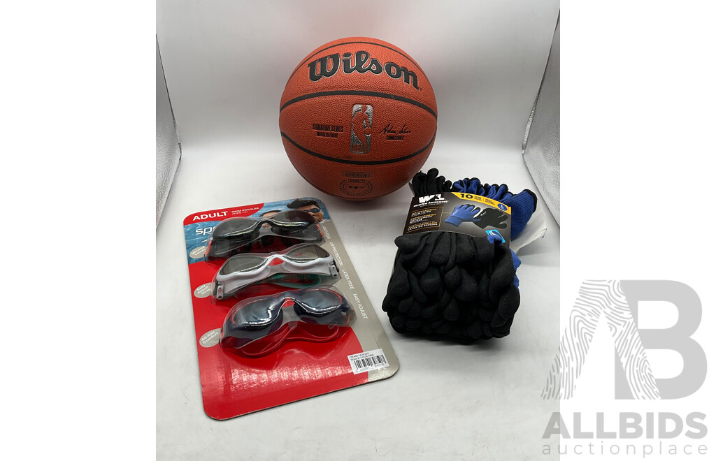 WILSON Signature Series Basketball (Size 7) - SPEEDO (8-132347988) Adult Swim Goggles (Ages 14+) & 10 Pack Work Gloves (Mens - Size L) - Lot of 3 - Estimated Total ORP $169.99