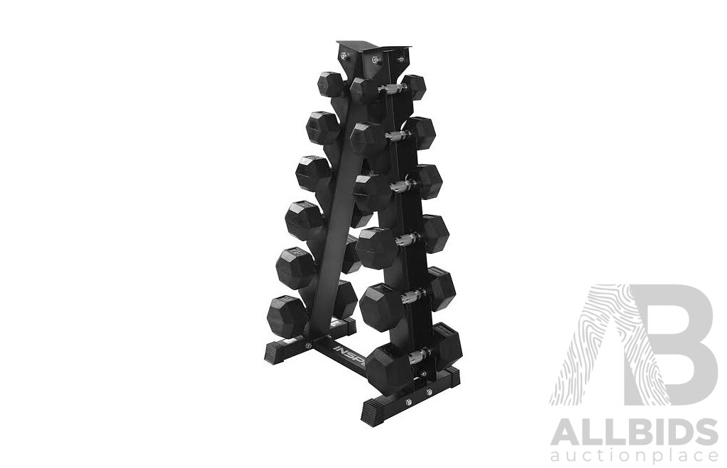 INSPIRE FITNESS (5-30HEXDBKIT) 95KG (210 LB, 5-30 LB) RUBBER DUMBBELL SET WITH RACK - ORP $884.99