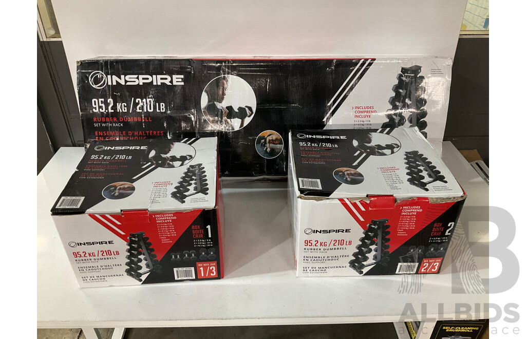 INSPIRE FITNESS (5-30HEXDBKIT) 95KG (210 LB, 5-30 LB) RUBBER DUMBBELL SET WITH RACK - ORP $884.99