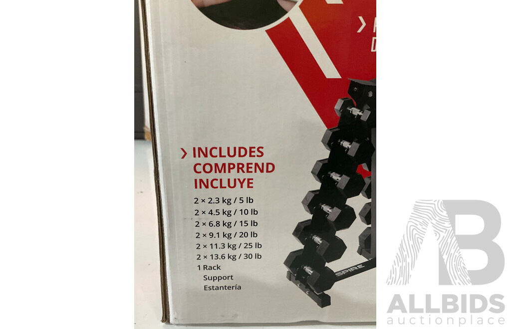 INSPIRE FITNESS (5-30HEXDBKIT) 95KG (210 LB, 5-30 LB) RUBBER DUMBBELL SET WITH RACK - ORP $884.99