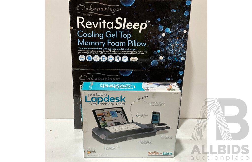 ONKAPARINGA Revitasleep Cooling Gel Top Memory Foam Pillows (2) - SOFIA and SAM Portable Lapdesk With Memory Foam - Lot of 3 - Total Estimated ORP $225.00