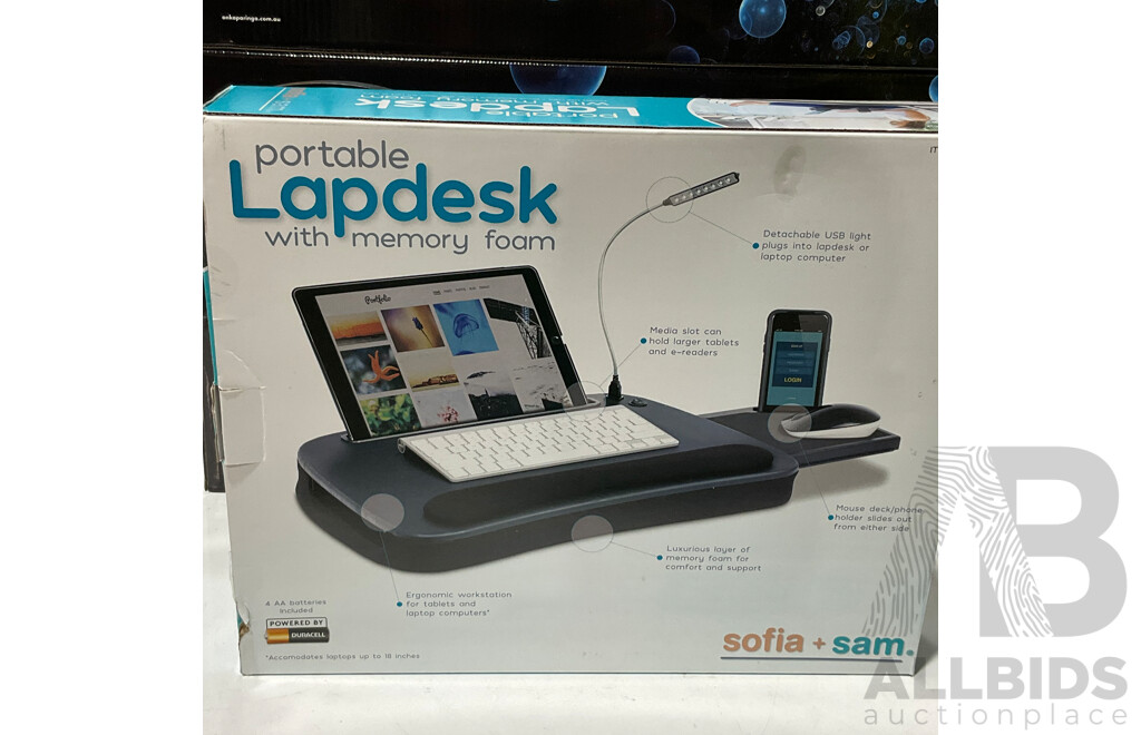 ONKAPARINGA Revitasleep Cooling Gel Top Memory Foam Pillows (2) - SOFIA and SAM Portable Lapdesk With Memory Foam - Lot of 3 - Total Estimated ORP $225.00