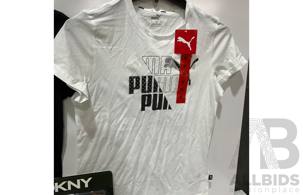 TIMBERLAND Womens Work Boots (UK Size 7) - DKNY 4 in 1 Double Zip Crossbody Handbag - PUMA Graphic Tee White (Size M) - PUMA Graphic Tee Black (Size M) - PUMA Seamless Sports Bra 2 Pack Black and White (Size M)