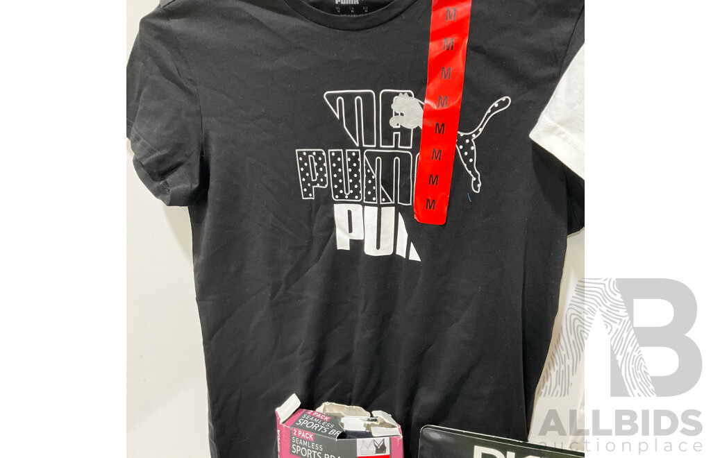 TIMBERLAND Womens Work Boots (UK Size 7) - DKNY 4 in 1 Double Zip Crossbody Handbag - PUMA Graphic Tee White (Size M) - PUMA Graphic Tee Black (Size M) - PUMA Seamless Sports Bra 2 Pack Black and White (Size M)