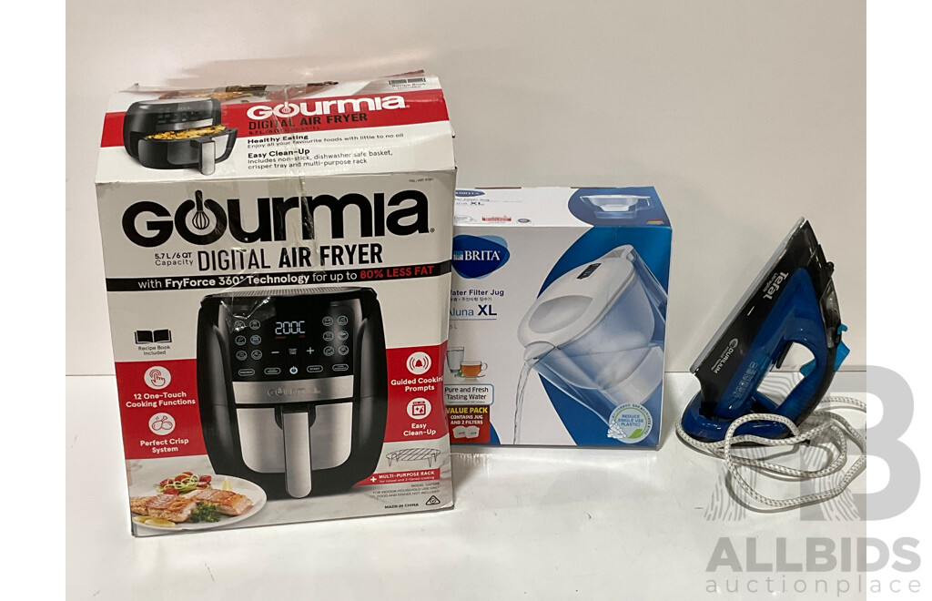 Gourmia 6.7L Digital Air Fryer, BRITA Aluna XL Water Filter Jug 3.5L With Filters, Tefal FV4093 Ultragliss Iron - LOT of 3 - ORP$209.97