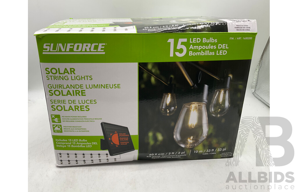 SUNFORCE (80033) 15 Led Solar String Lights (10.67m) - SUNFORCE 15 Led Solar String Lights (10m) - V-TAC (VT-5166) LED Smart GU10 - V-TAC (VT-5116) LED Smart Bulb A60 - Lot of 4 - Estimated Total ORP $169.99