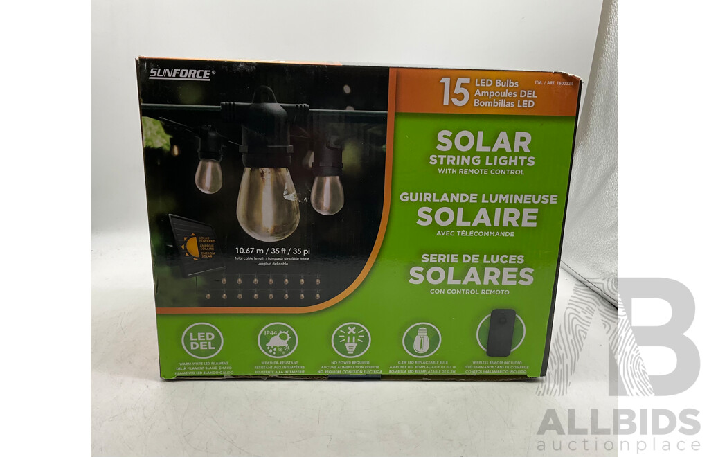 SUNFORCE (80033) 15 Led Solar String Lights (10.67m) - SUNFORCE 15 Led Solar String Lights (10m) - V-TAC (VT-5166) LED Smart GU10 - V-TAC (VT-5116) LED Smart Bulb A60 - Lot of 4 - Estimated Total ORP $169.99