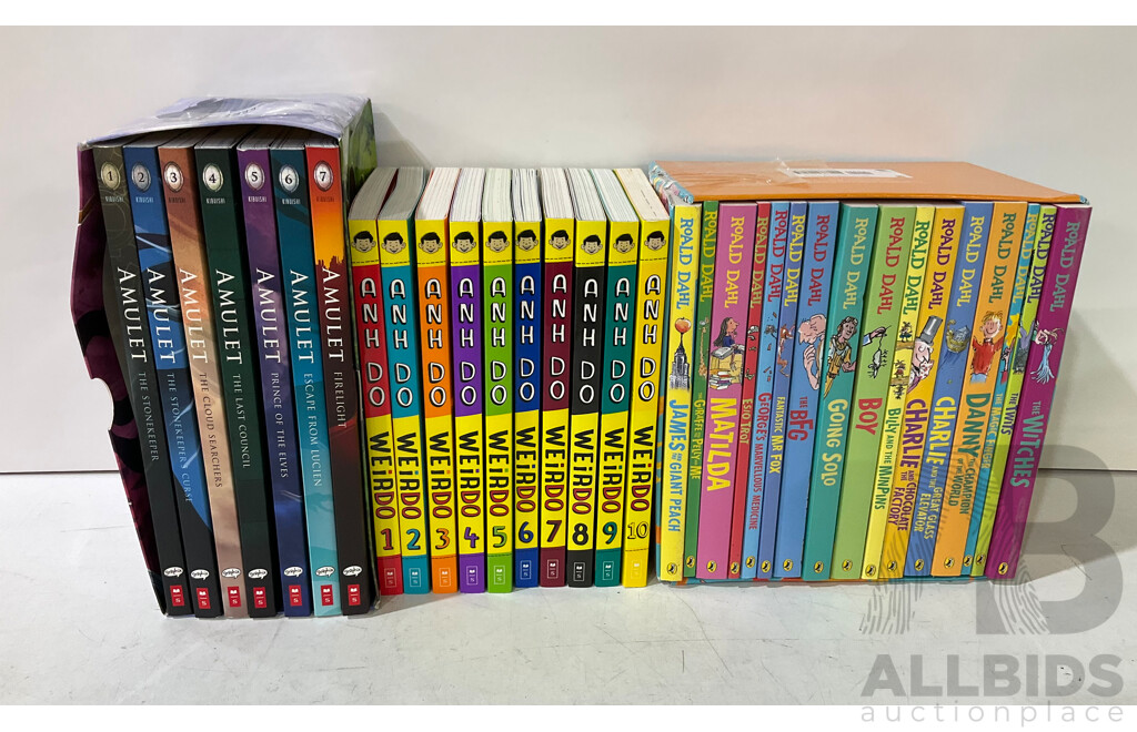 ROALD DAHL Collection Box Set (16 Books) - ANH DO Weirdo (10 Books) - AMULET Collection (8 Books) & Flast - Lot of 4 - Estimated Total ORP $159.99