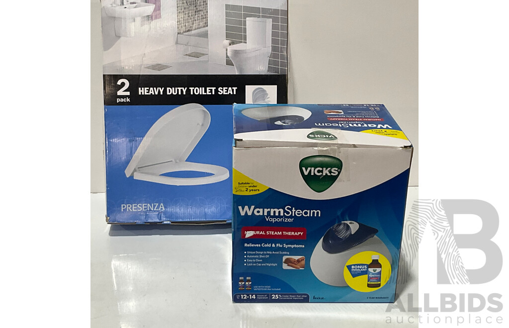 PRESENZA (181203) Italia Deluxe Soft Close Quick Release Toilet Seat (ONE ONLY) - VICKS (132727) Warm Steam Therapy Vaporiser - Lot of 2 - Total ORP $150.00