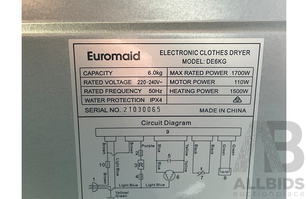 EUROMAID (DE6KG) 6kg Vented Dryer ORP $599.99