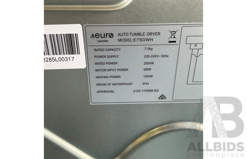 EURO (E7SDWH) – 7KG Wall Mountable Sensor Clothes Dryer ORP $329.00