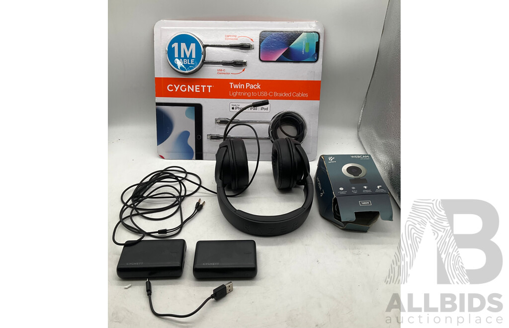 SPHERE Webcam - RAZOR Barracuda X Headphones - CYGNETT Charge Up Power Bank X 2 - CYGNETT USB Cables - Lot of 5 - ORP $370