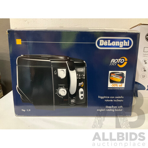 DELONGHI (F28313.bk) Roto Fryer, LAVAZZA (LM950) Modo Mio Coffee Capsule Machine: Lot of 2  - Total ORP $284.00