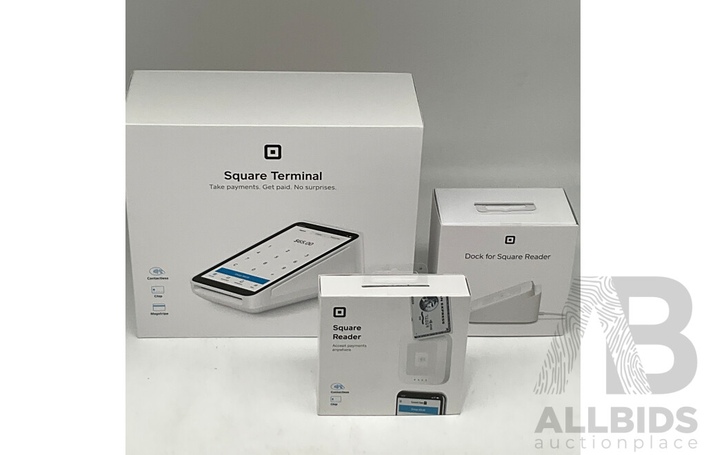 SQUARE (104261) All in One Payment Terminal and Receipt Rolls Bundle - SQUARE Dock- SQUARE Reader Lot of 3- ORP $439.00
