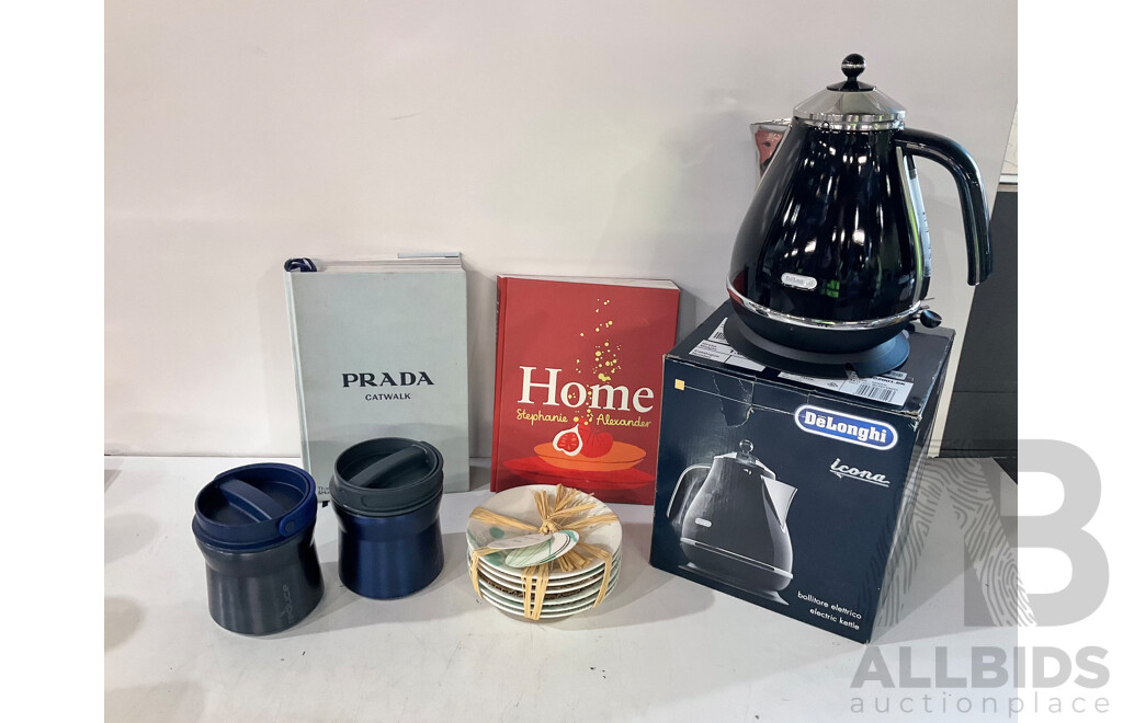 DELONGHI (KB-02001.BK) Icona Kettle (Black) & Assorted Kitchenware & Books - Lot of 6 - Estimated Total ORP $199.99