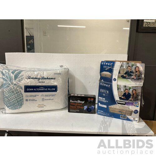 TOMMY BAHAMA (1311111) Down Alternate Pillows Pack of 2 - ONKAPARINGA ( 97529 ) Weighted Neck Wrap With Bonus Eye Pack - Mid Navy & BESTWAY ( 97280 ) Fortech Airbed - Lot of 3 - Total -ORP $ 154.94