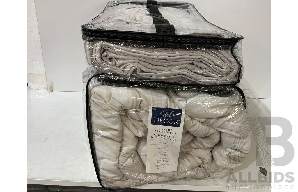 STYLE DECOR 6 Piece Reversible Comforter & Coverlet Set - SENSIBLE ECO LIVING Step Trash Can 6L (2 Pack) - POP & LOAD Collapsible Laundry Basket 42L (X 2) - Estimated Total ORP $249.99