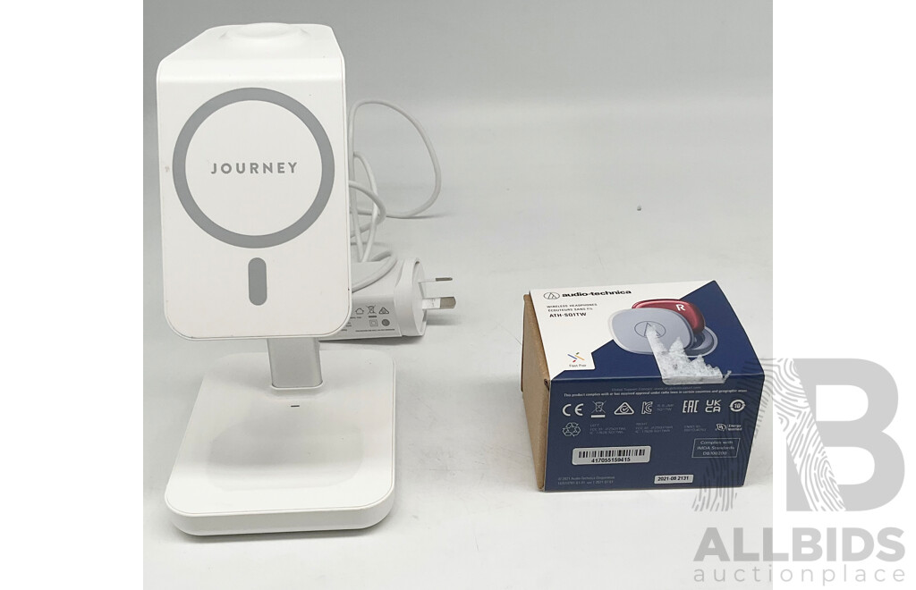JOURNEY (JMS31SWHAU) MagSafe Compatible 3-in-1 Wireless Charging Stand Bundle (White), AUDIO-TECHNICA (ATH-SQ1TW) Wireless Earbuds - Total ORP $278.95