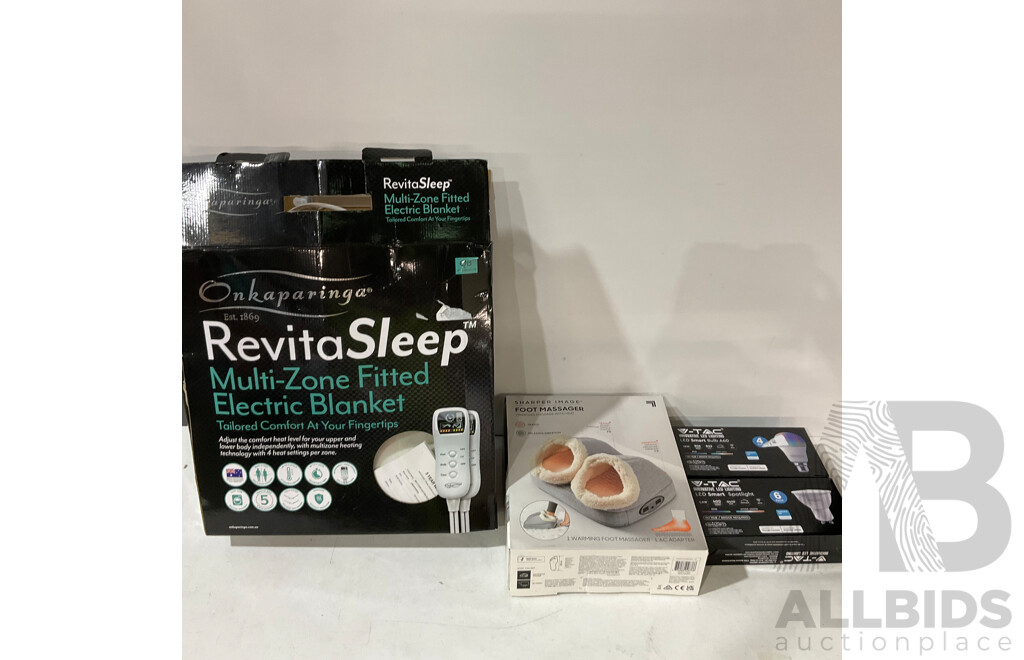 ONKAPARINGA Multi-Zone Electric Blanket Queen Size & SHARPER IMAGE Foot Massager & V-TAC Bulbs -  Lot of 4 - ORP $329.00