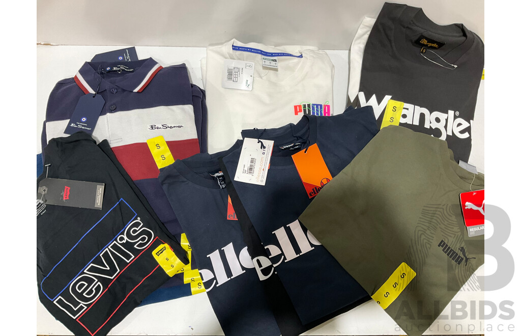 BEN SHERMAN, ELLESSE, WRANGLER, PUMA - Assorted Men's Clothing Size S - Lot of 19 - Estimated ORP $500