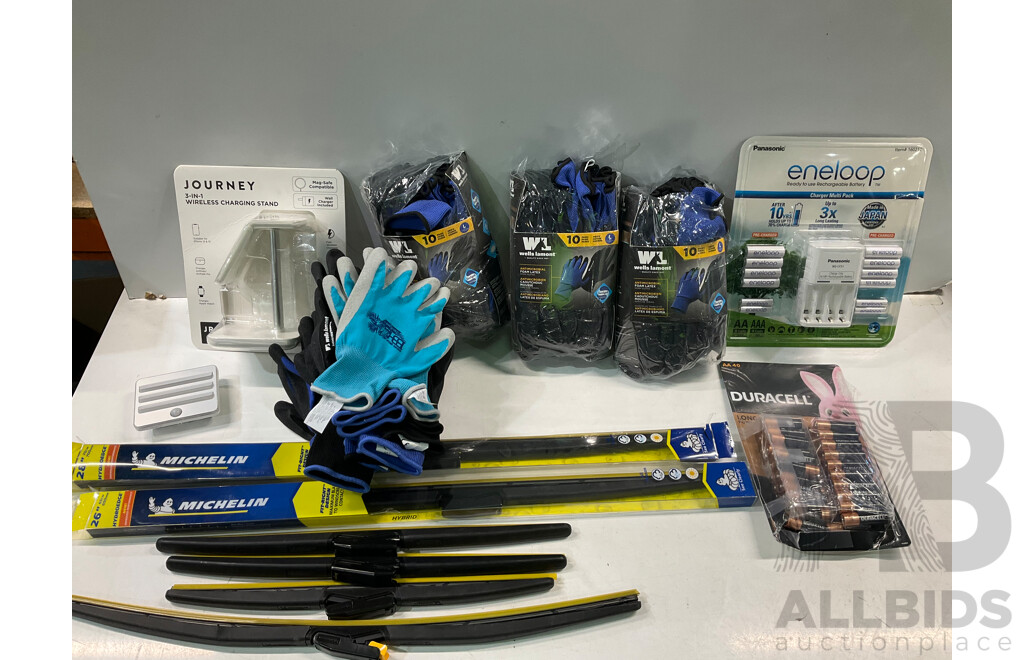 BCNAIRE TC12CUK Tyre Pump & WELLS LAMONT WorkGloves & Assorted of Car Window Wipes & Household Itmes - Lot of 14 - Estimated Total ORP $199.00