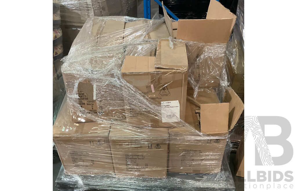 FULL PALLET of Watego Ceramic Rattan Vessel Vase Large, Taytay Ceramic Vase, Emporium Alice Trinket Plate  - Approximate ORP $6,000