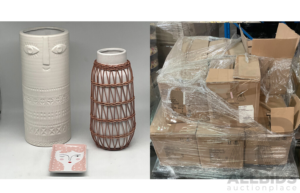 FULL PALLET of Watego Ceramic Rattan Vessel Vase Large, Taytay Ceramic Vase, Emporium Alice Trinket Plate  - Approximate ORP $6,000