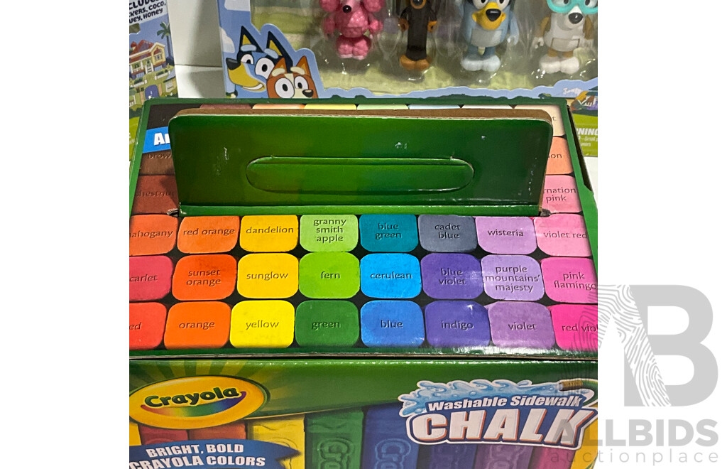 CRAYOLA Sidewalk Chalk - BLUEY (13014-00) and Friends Figuirine Set - Lot of 7 - Total Estimated ORP $180.00