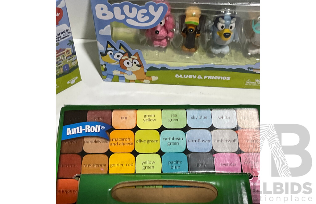 CRAYOLA Sidewalk Chalk - BLUEY (13014-00) and Friends Figuirine Set - Lot of 7 - Total Estimated ORP $180.00