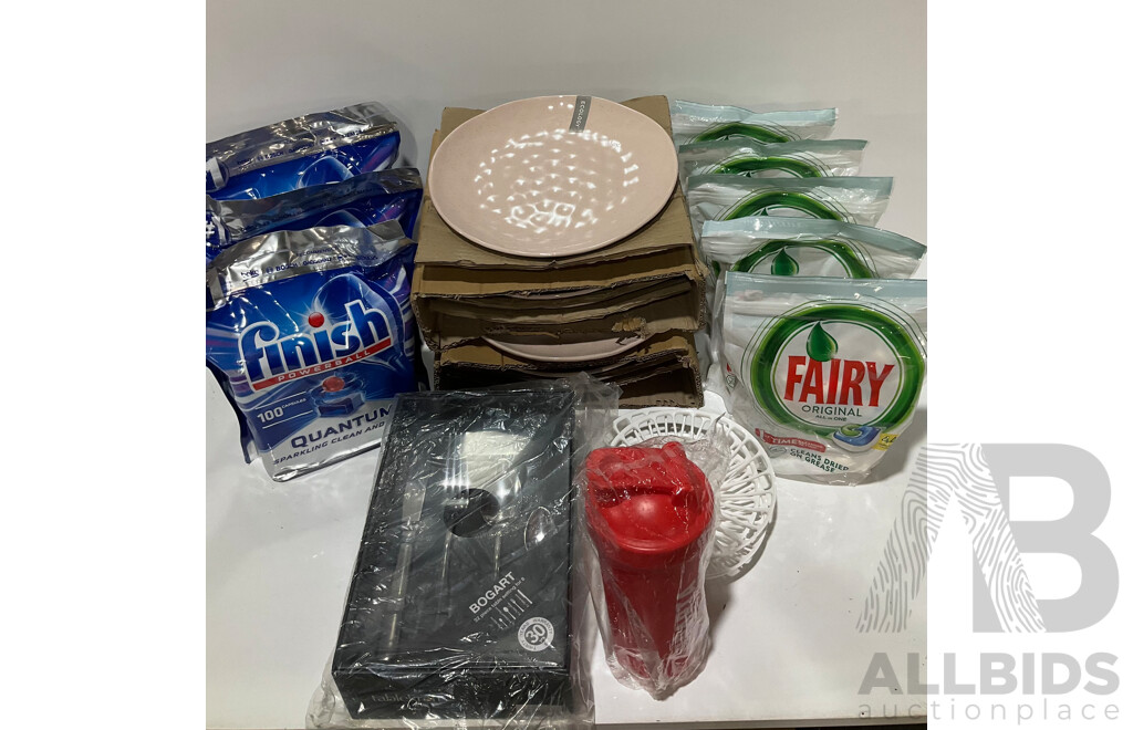 FAIRY, ECOLOGY, BOGART, FINISH - Assorted Tableware and Dishwashing Tablets - Lot of 12 - Estimated ORP $299.00