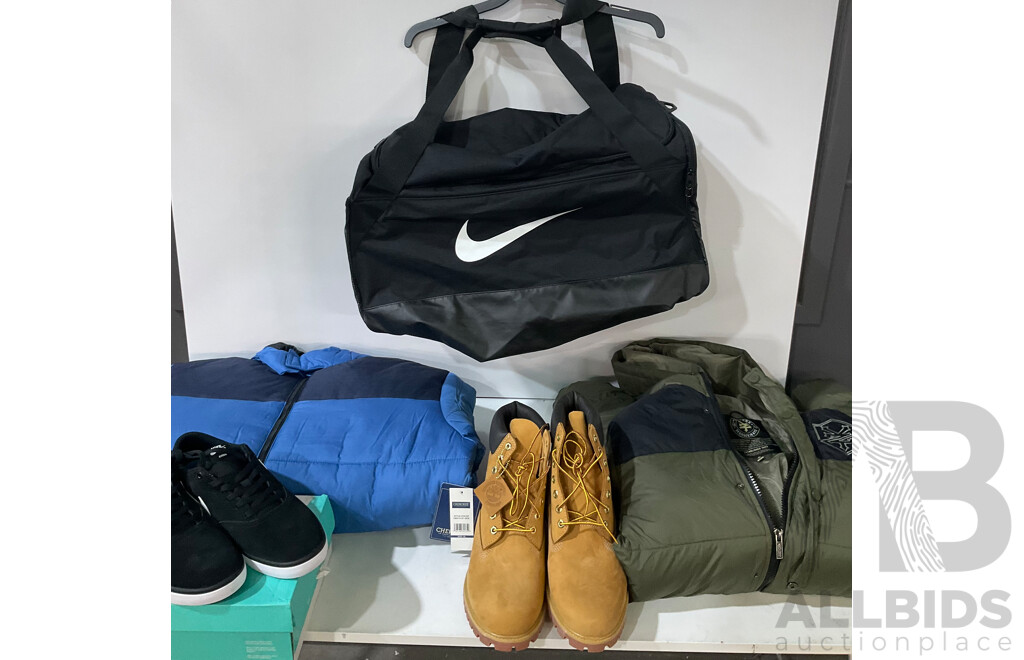 NIKE (Size 11),TIMBERLAND( Size 12) CHEROKEE JACKET (Size XL),ZOO YORK (Size M), NIKE BAG - Assorted Mens Shoes/Clothing - Lot of 5 -  Estimated ORP $1000.00