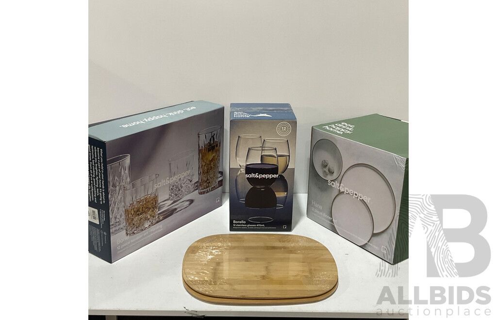 SALT and PEPPER Tumbler and Glass Set - SALT and PEPPER Stemless Wine Glasses SALT and PEPPER 12 Pc Dinner Set - Bamboo Chopping Boards - Lot of 5 - Total Estimated ORP $310.00